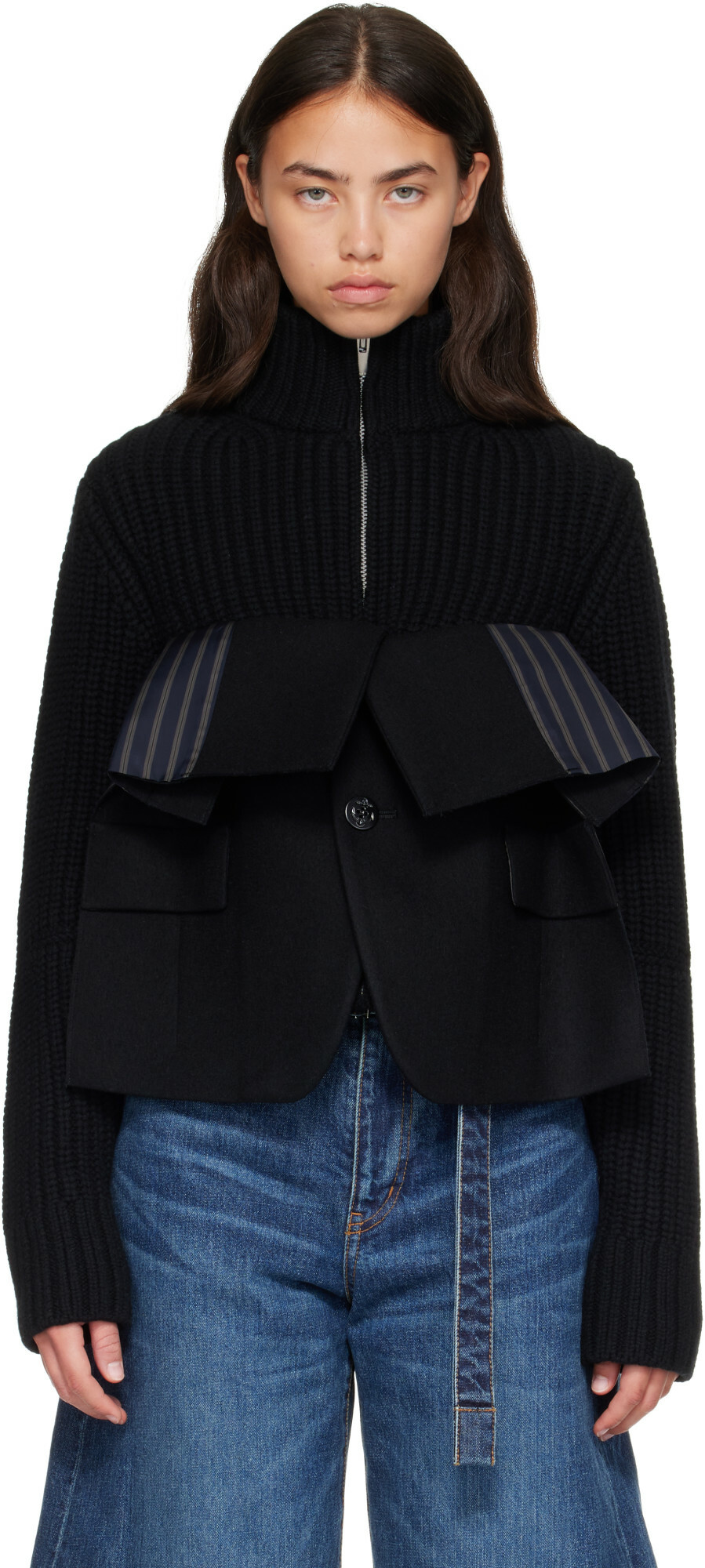 sacai Black Wool Melton x Wool Knit Blouson Jacket