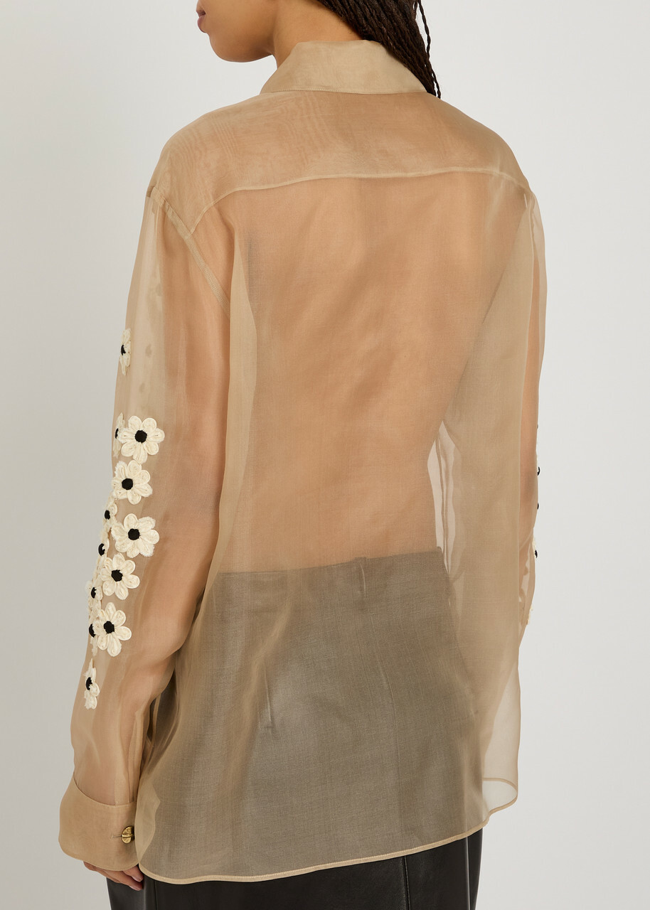 Khaite Argo Floral-appliquéd Silk-chiffon Shirt Beige
