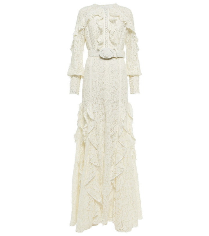 Photo: Costarellos Patrice belted ruffled lace gown