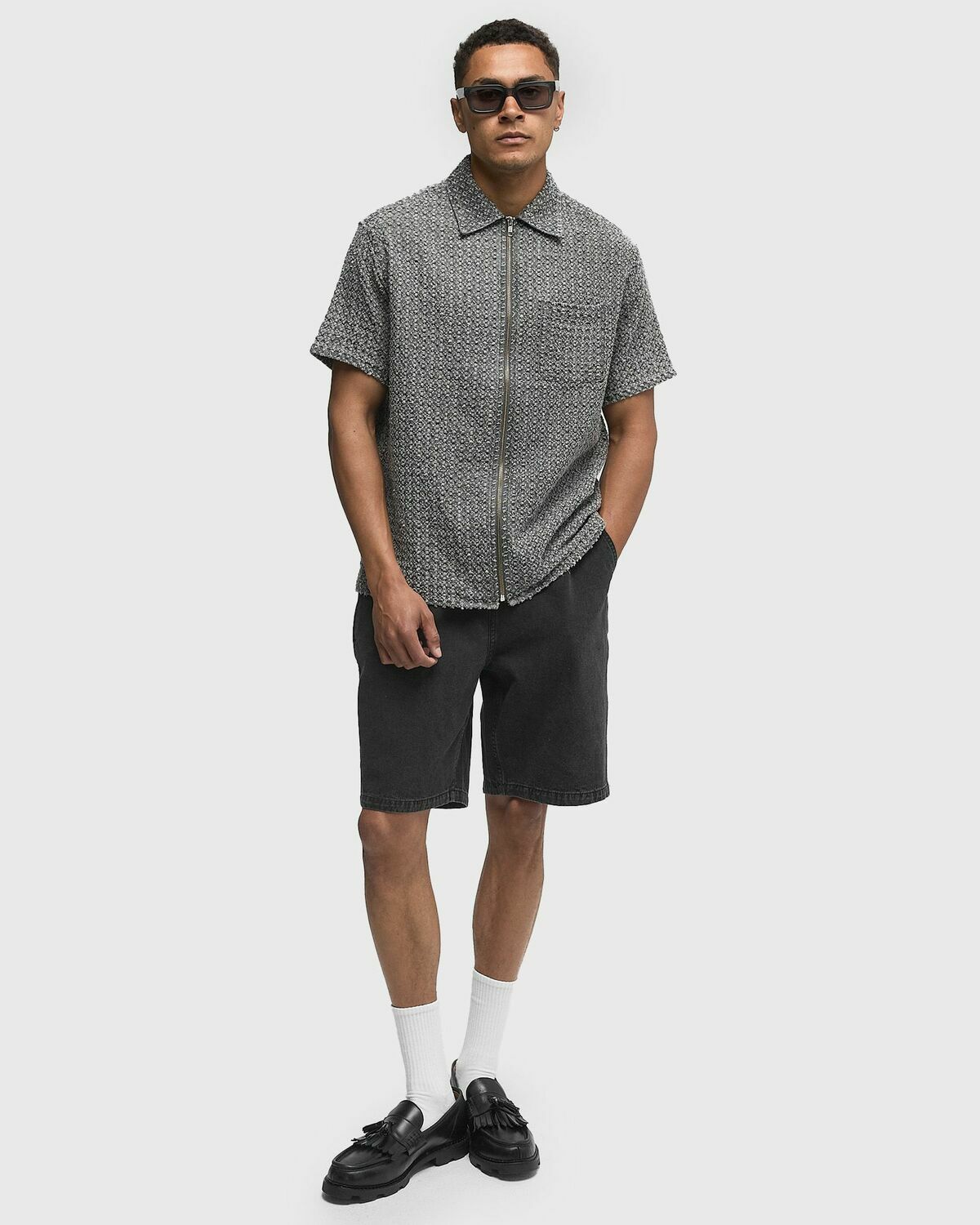 Thisisneverthat Damaged Denim Zip S/S Shirt Grey Mens Shortsleefe