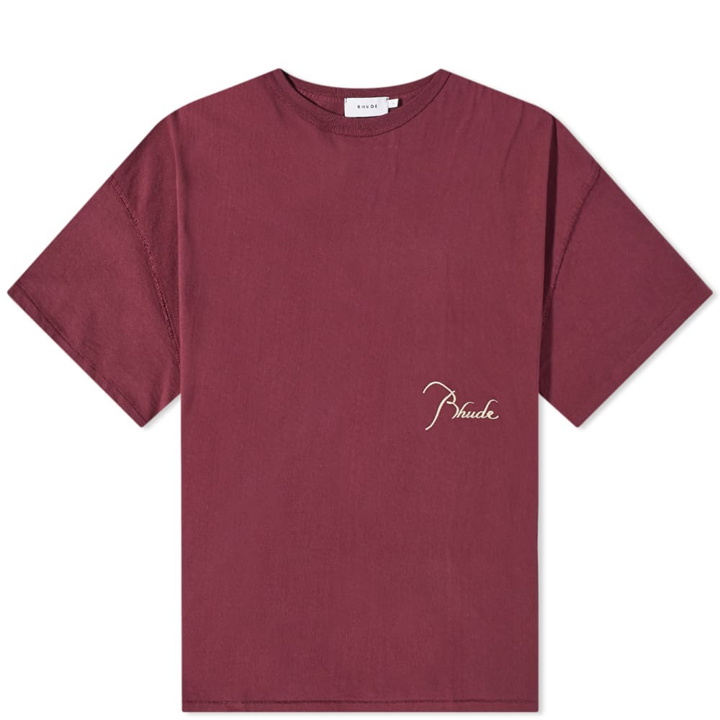 Photo: Rhude Men's Script Logo Reverse T-Shirt in Burgundy