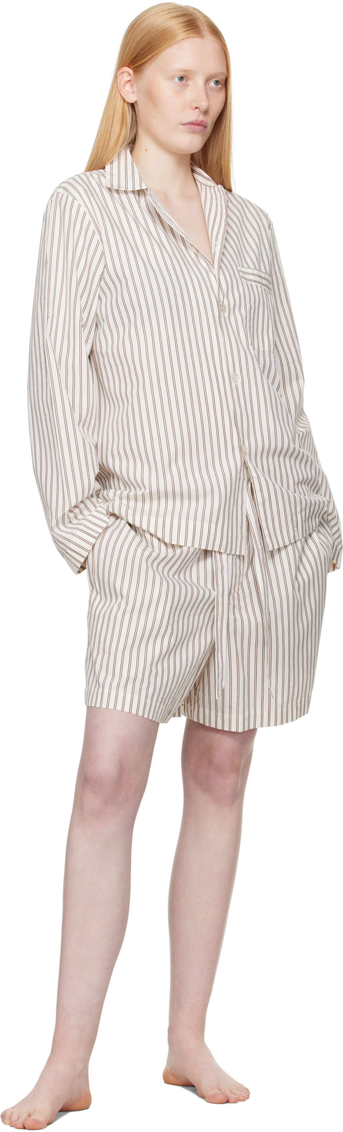 Tekla Off-White & Brown Poplin Pyjama Shorts