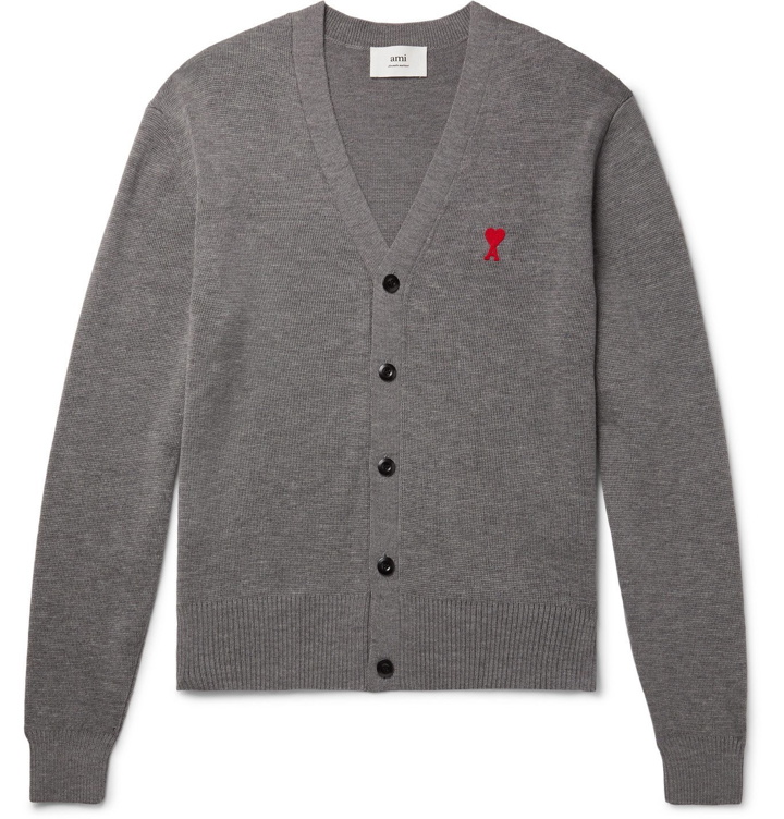 Photo: AMI PARIS - Slim-Fit Logo-Embroidered Mélange Merino Wool Cardigan - Gray