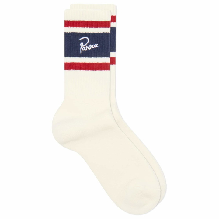 Photo: By Parra Men's Signature Striped Crew Socks in White/Navy 