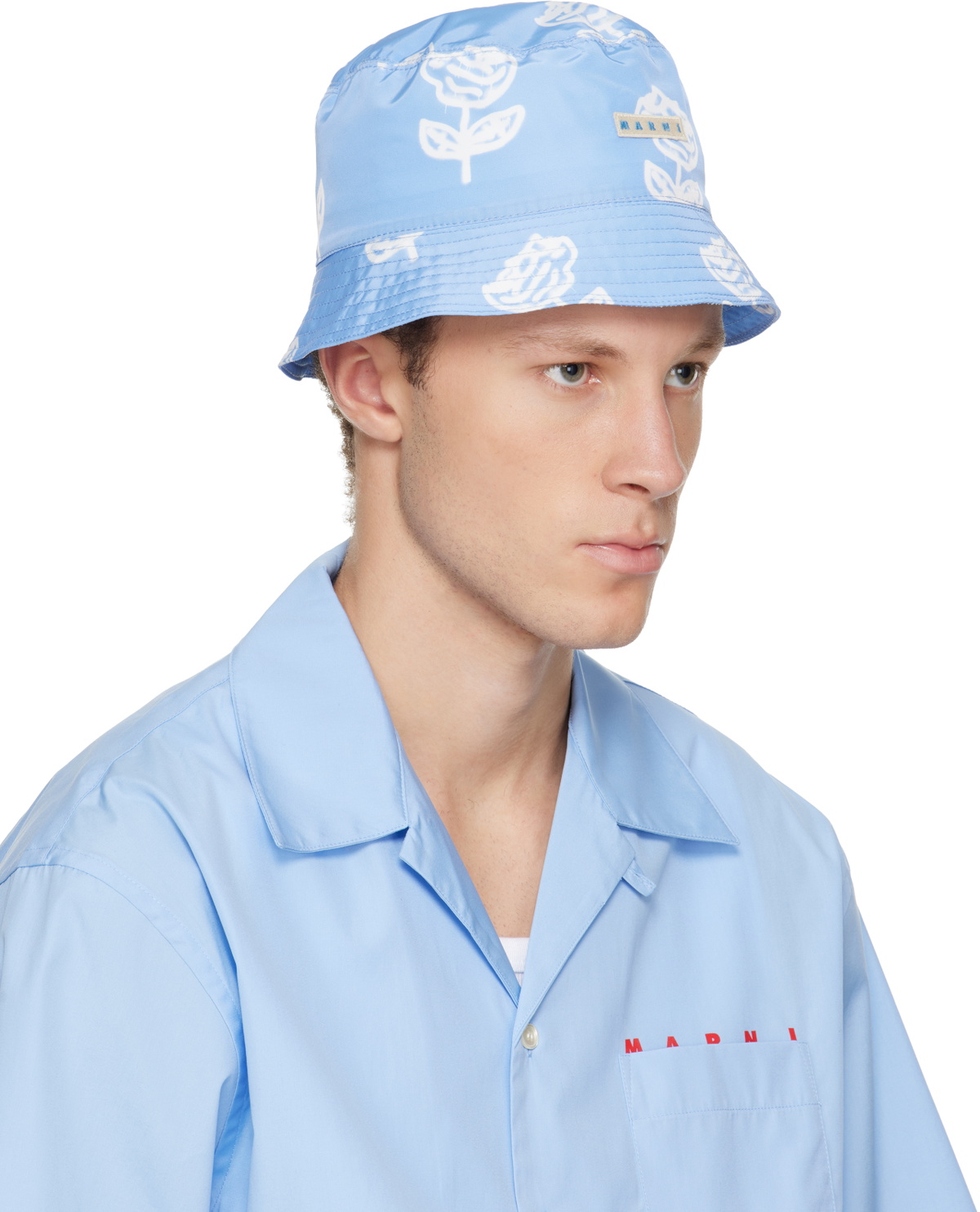 Marni Blue Sprayed Roses Print Taffeta Bucket Hat
