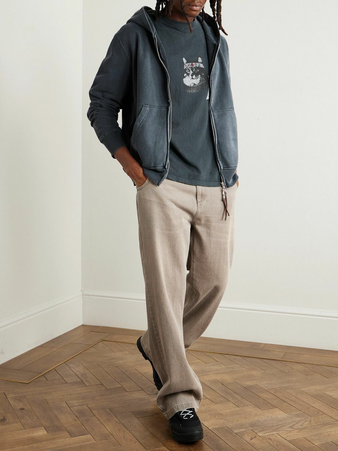 Remi Relief - Distressed Cotton-Jersey Zip-Up Hoodie - Black Remi