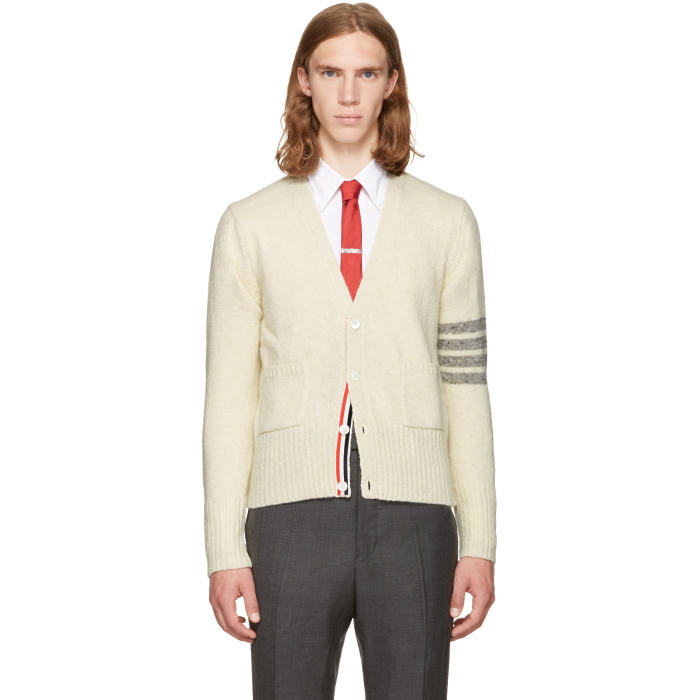 Photo: Thom Browne White Classic Mohair V-Neck Cardigan