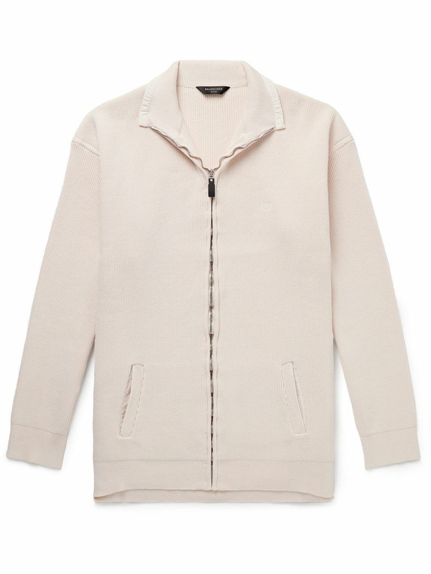 Photo: Balenciaga - Intertwined Oversized Logo-Print Ribbed Cotton-Blend Half-Zip Sweater - Neutrals