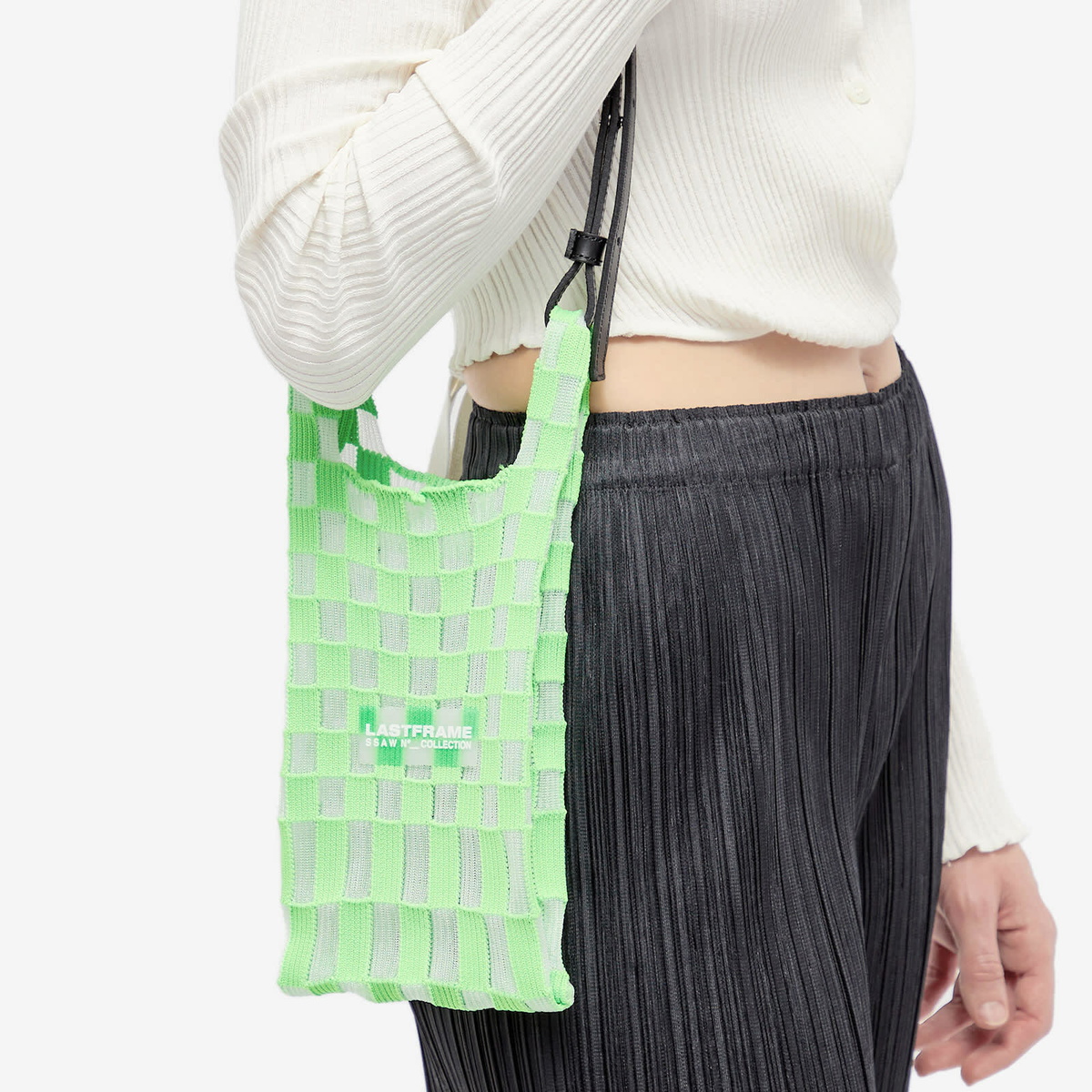 LASTFRAME Women's Sheer Ichimatsu Market Bag Mini in Neon