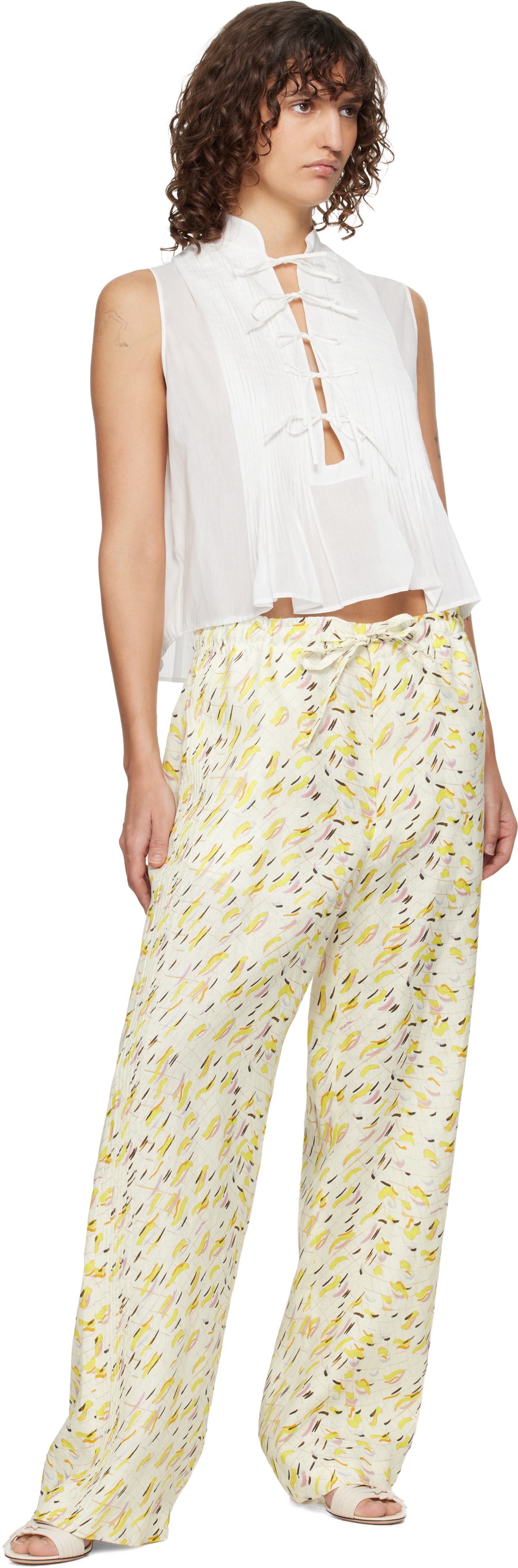 Marni Yellow Linen 'Brushstroke Wave' Print Trousers