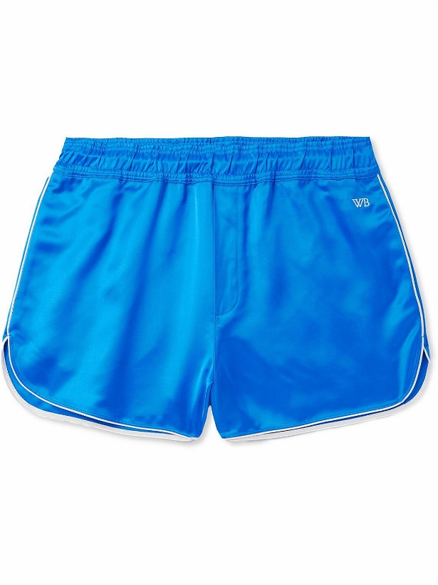 Photo: Wales Bonner - Straight-Leg Logo-Embroidered Satin Shorts - Blue