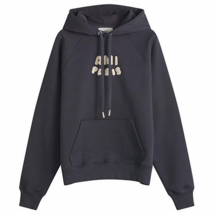 Photo: AMI Paris Men's Woven Ami Logo Jersey Hoodie in Navy Blue