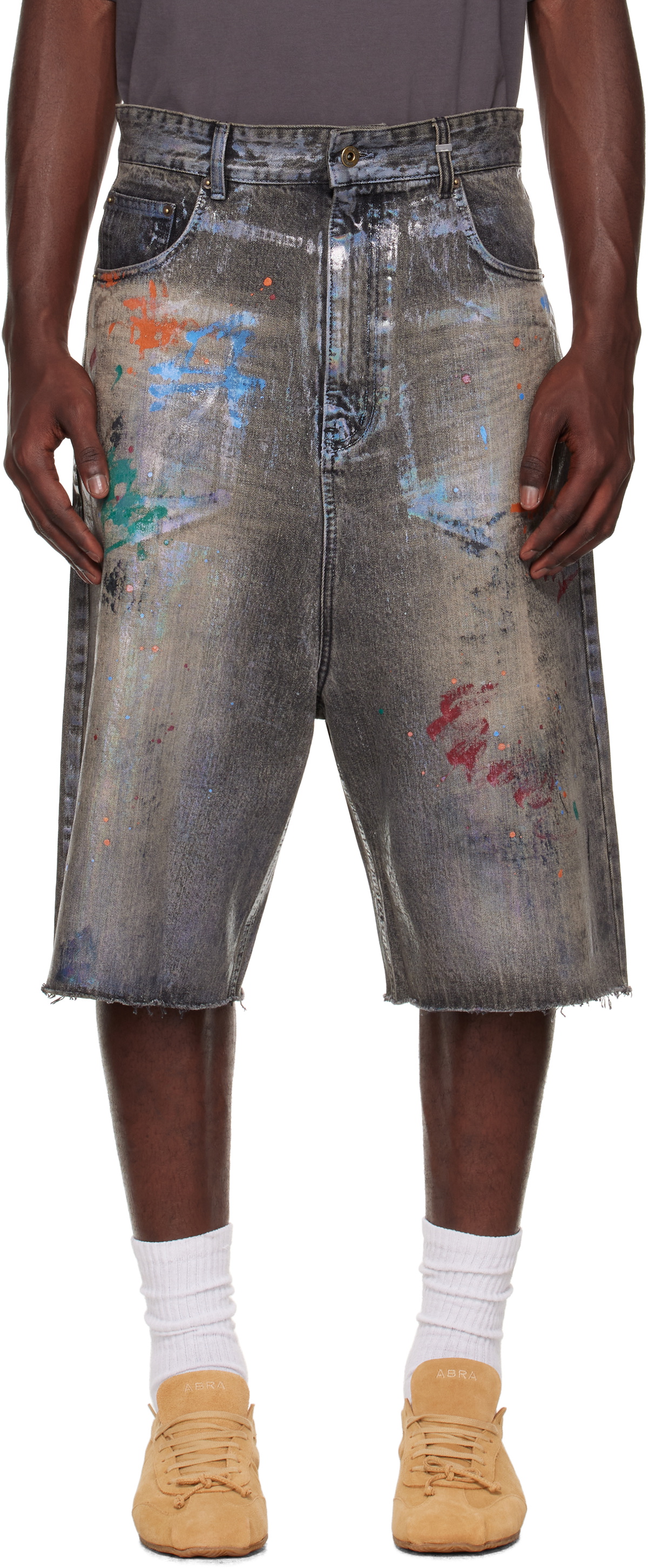 We11done Black Painted Denim Shorts