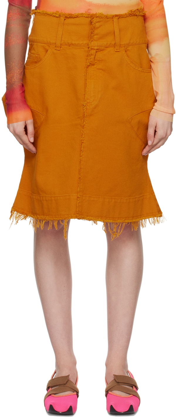 Photo: Paula Canovas Del Vas Orange Paneled Denim Miniskirt