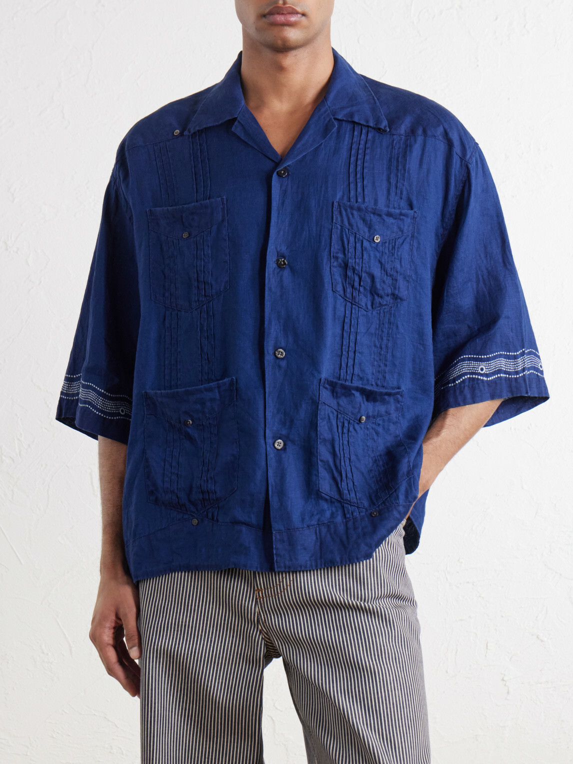 KAPITAL - Camp-Collar Printed Linen Cuban Shirt - Blue