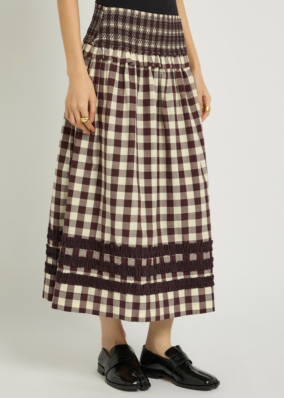 Damson Madder Ava Checked Ruffled Cotton Midi Skirt Black