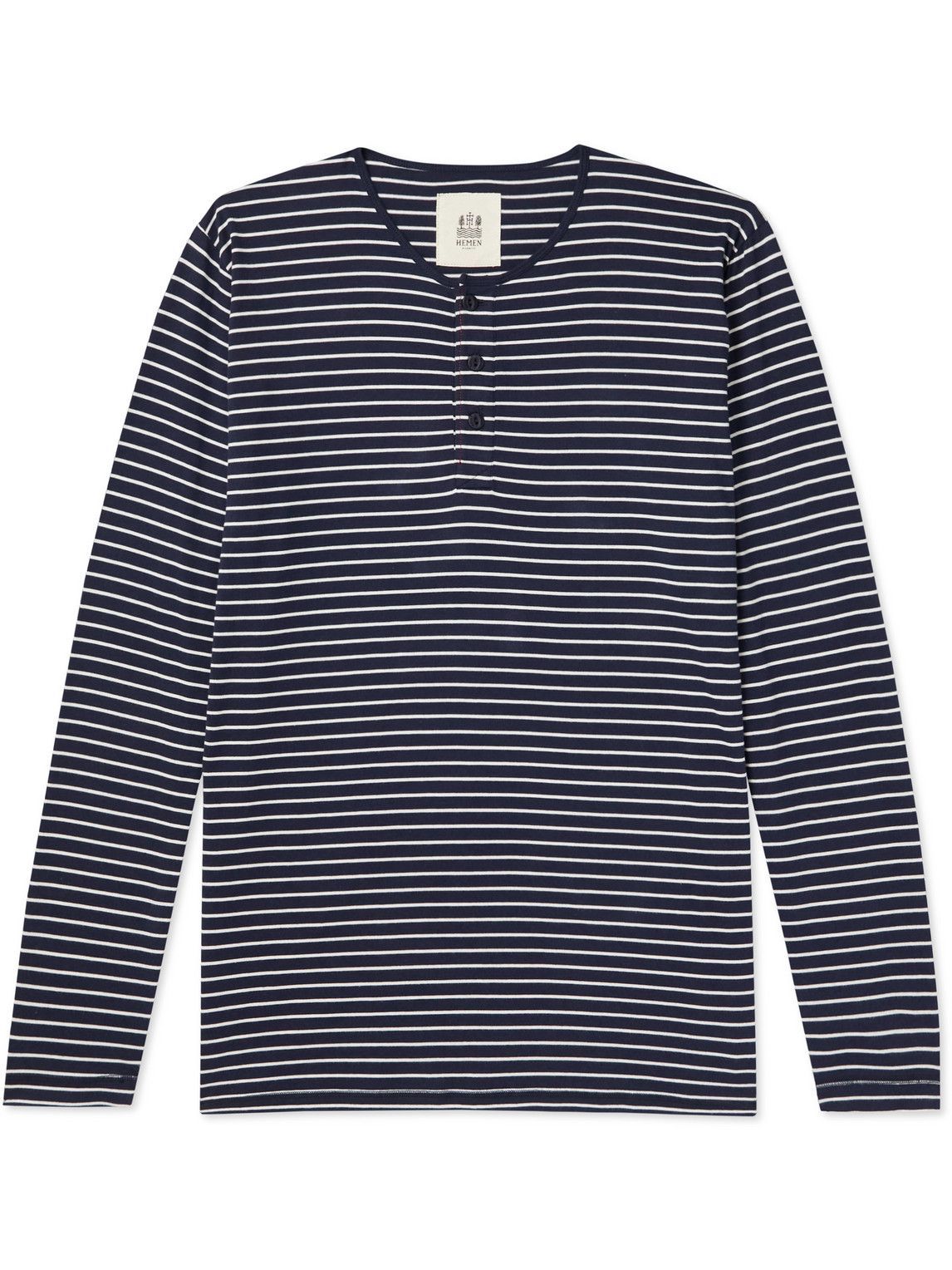 Hemen Biarritz - Niko Slim-Fit Striped Organic Cotton-Jersey Henley T-Shirt - Blue