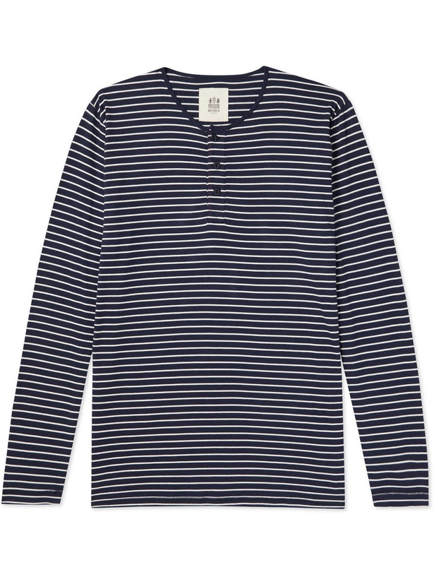 Photo: Hemen Biarritz - Niko Slim-Fit Striped Organic Cotton-Jersey Henley T-Shirt - Blue