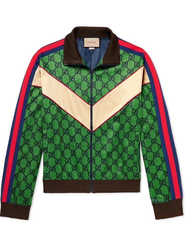 Photo: GUCCI - Striped Webbing-Trimmed Monogrammed Tech-Jersey Track Jacket - Green