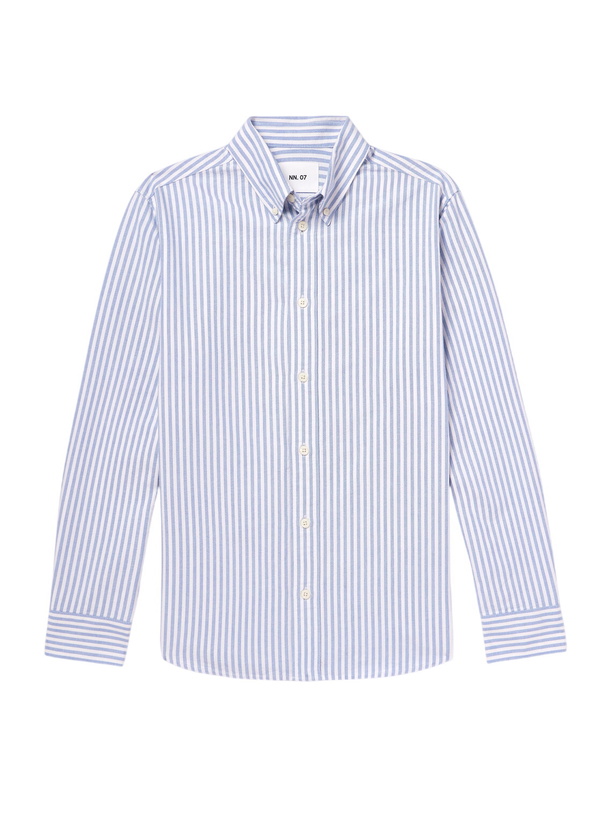 Photo: NN07 - Colby 5910 Button-Down Collar Striped Organic Cotton Oxford Shirt - Blue