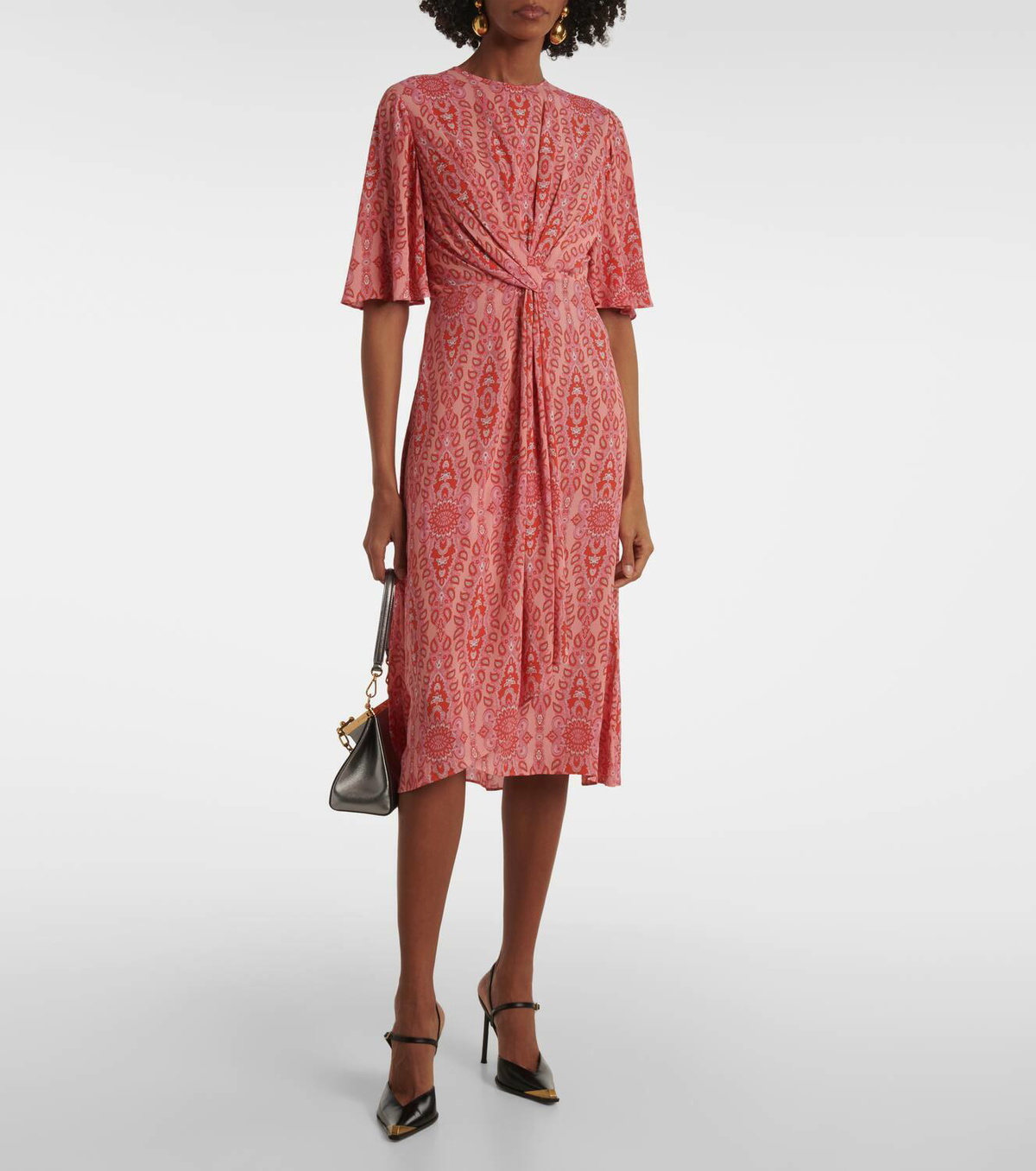 open lace back dress Etro Midi Dress Paisley Print Stretch Crepe Size 44 Long Sleeve V-Neck   Celebrity Owned