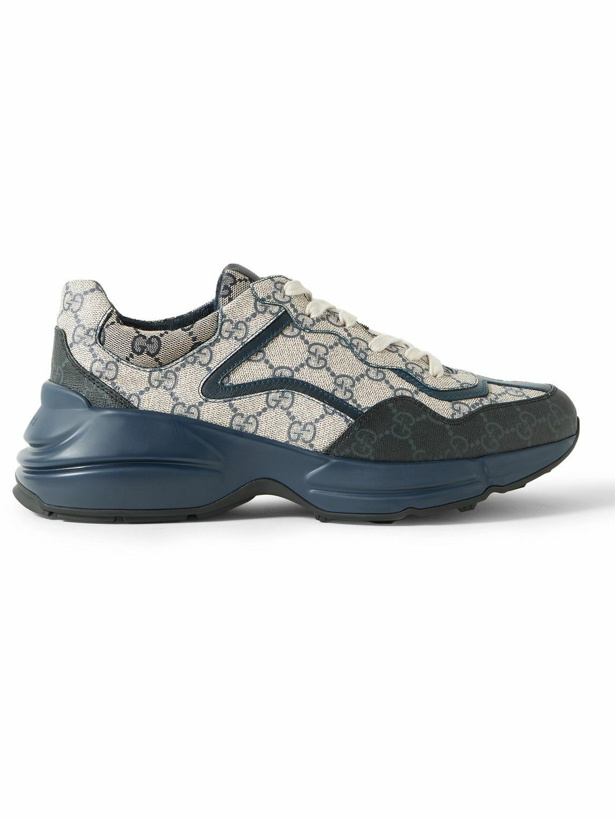 Photo: GUCCI - Rhyton Leather-Trimmed Monogrammed Supreme Coated-Canvas Sneakers - Blue