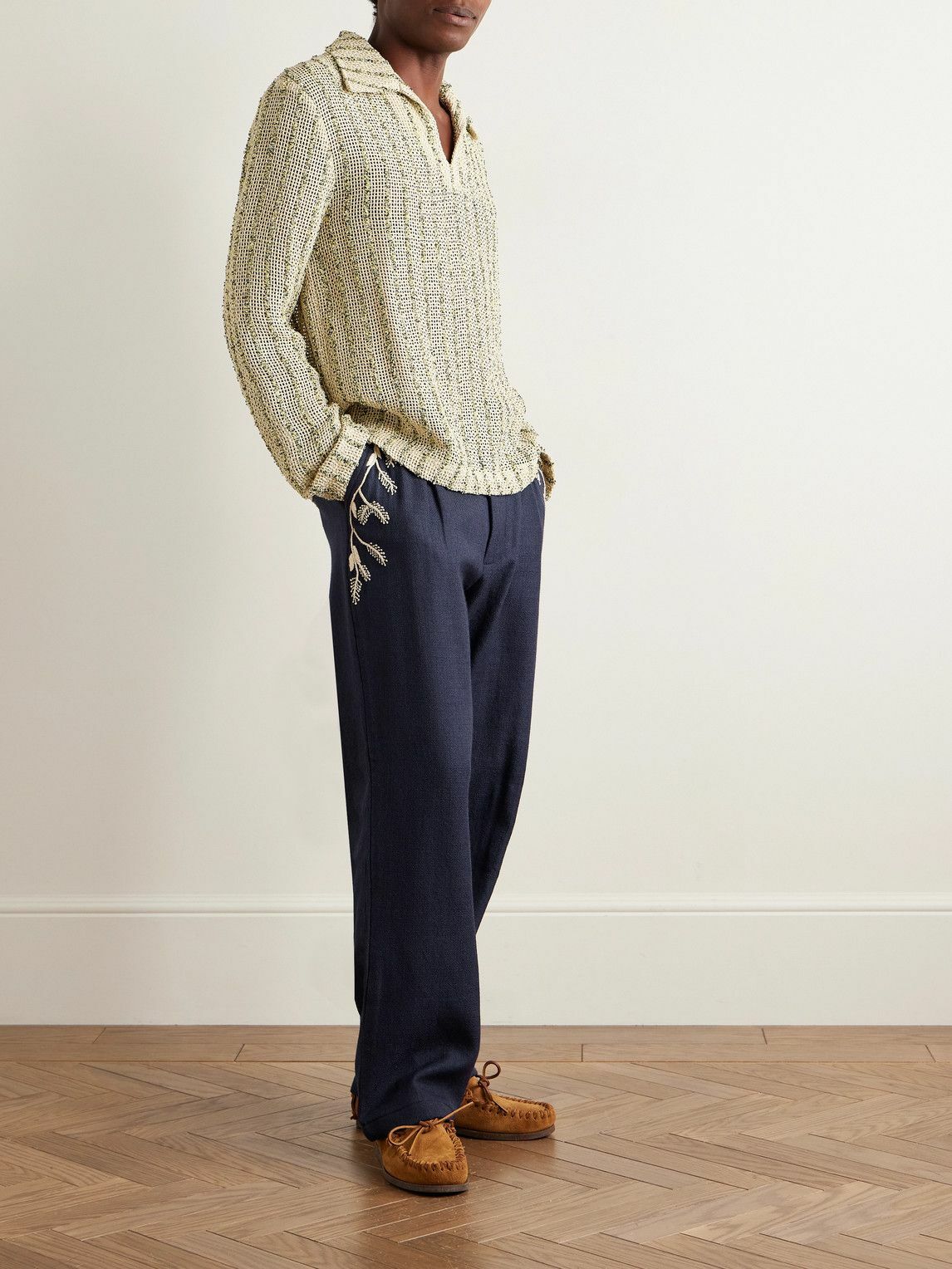 Kartik Research - Pleated Embroidered Wool Trousers - Blue