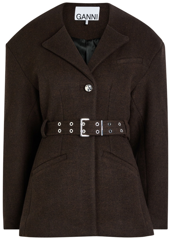 Photo: Ganni Belted Wool-blend Peacoat Jacket Dark Brown