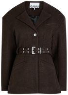 Ganni Belted Wool-blend Peacoat Jacket Dark Brown
