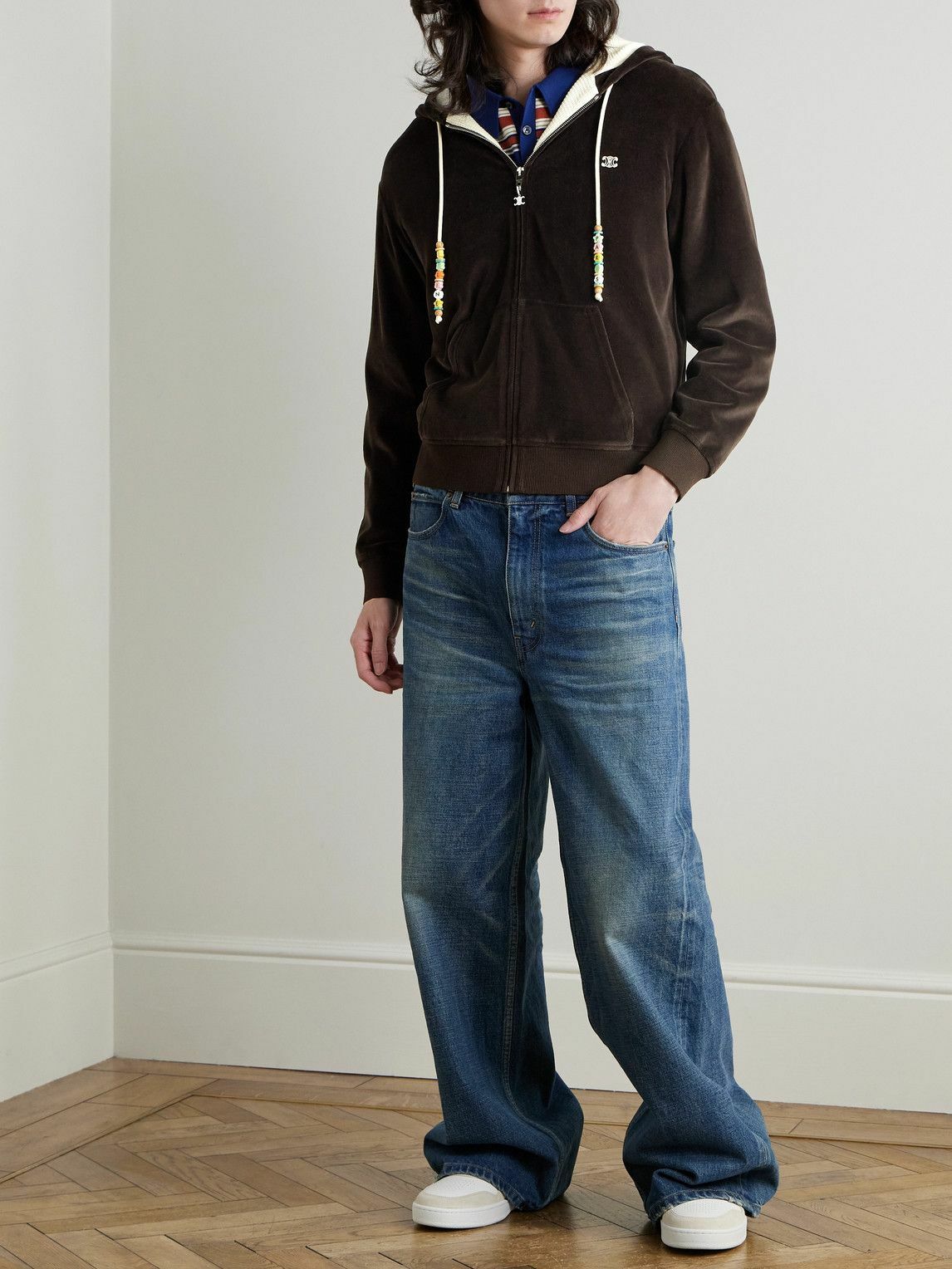 CELINE - Embellished Logo-Embroidered Cotton-Blend Velour Zip-Up Hoodie - Brown