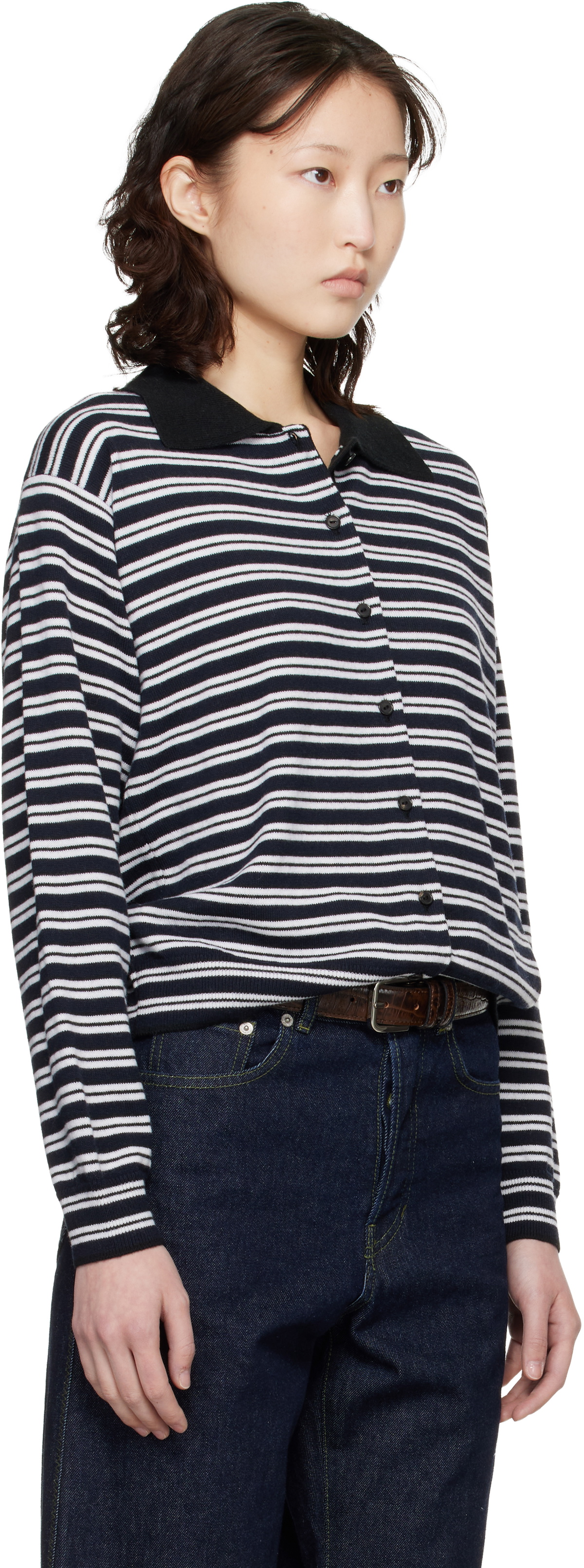 Cordera Black & White Merino Wool Striped Polo Cardigan