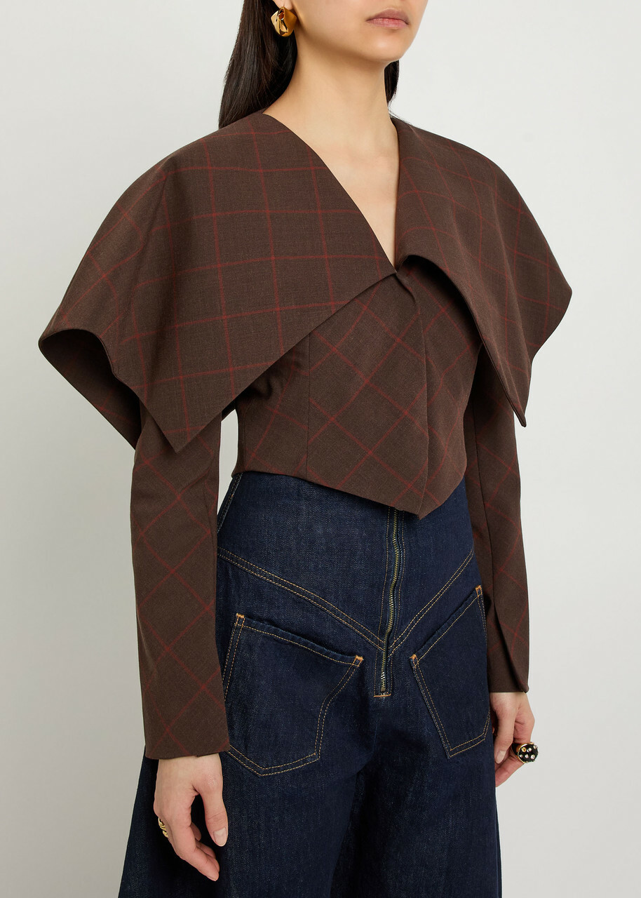 A.W.A.K.E Mode Oversized-collar Checked Cropped Jacket Brown