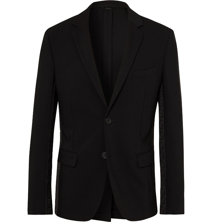 Photo: Fendi - Slim-Fit Logo-Jacquard Webbing-Trimmed Virgin Wool-Blend Suit Jacket - Black