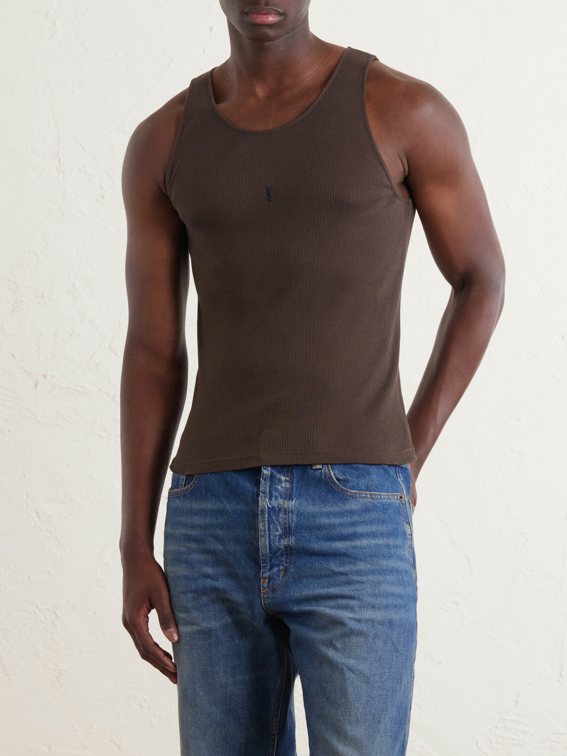 SAINT LAURENT - Logo-Embroidered Ribbed Cotton Tank Top - Brown
