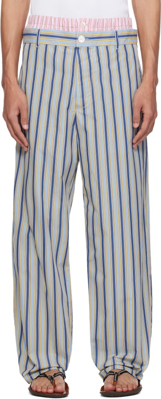 Photo: Marni Blue & Yellow Striped Poplin Trompe L'Oeil Effect Trousers