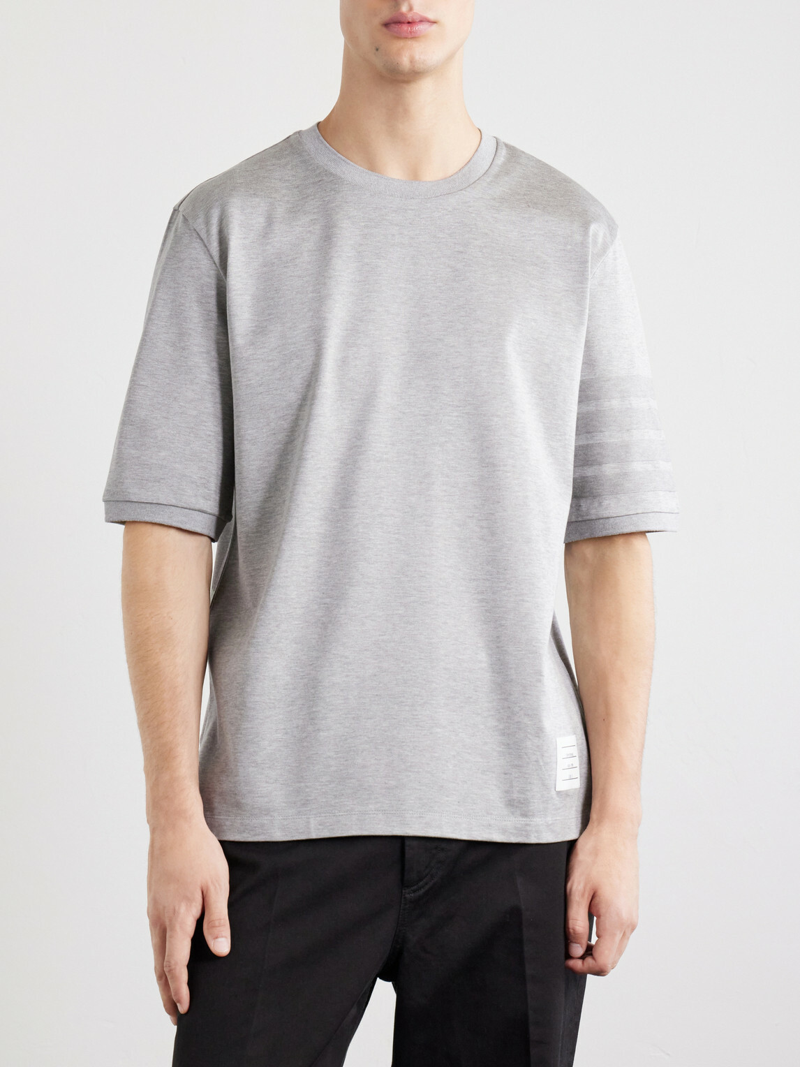 Thom Browne - Logo-Appliquéd Striped Cotton-Jersey T-Shirt - Gray
