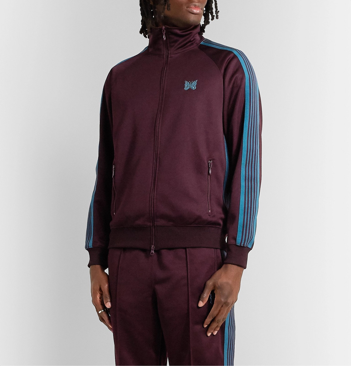 Needles - Striped Grosgrain-Trimmed Tech-Jersey Zip-Up Track