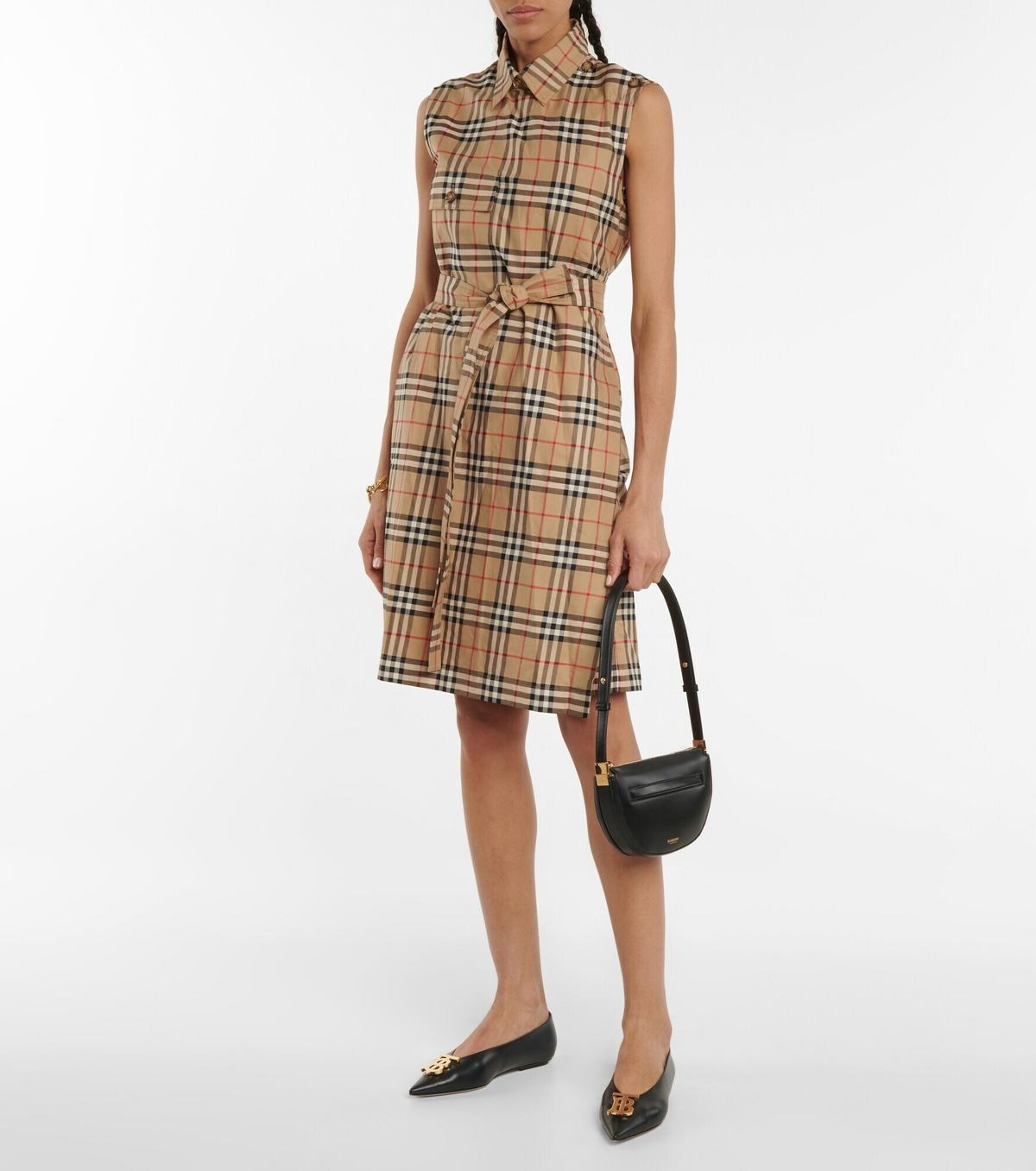 BURBERRY 26S PLAID FLATS IN BLACK CALFSKIN AND FABRIC