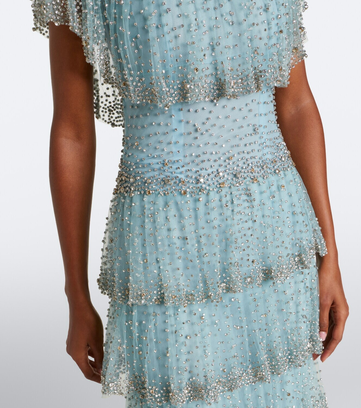 Costarellos Crystal-embellished tiered mesh gown