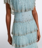 Costarellos Crystal-embellished tiered mesh gown
