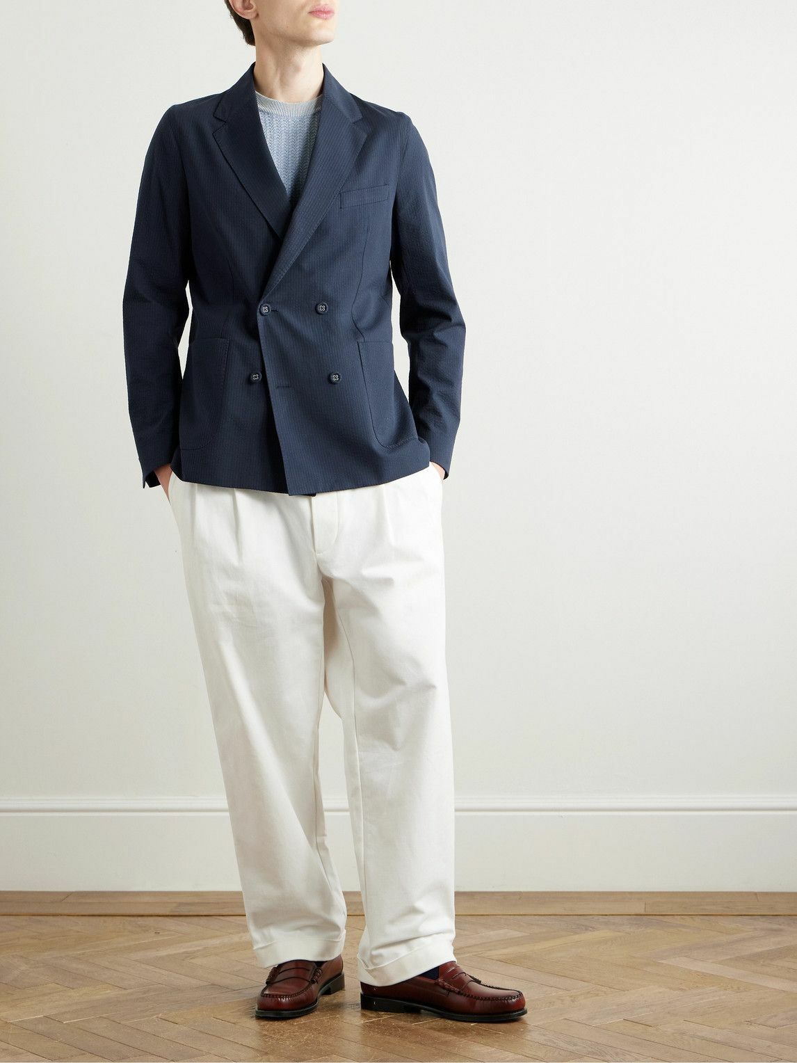 Officine Générale - Leon Double-Breasted Striped Cotton-Seersucker Jacket - Blue