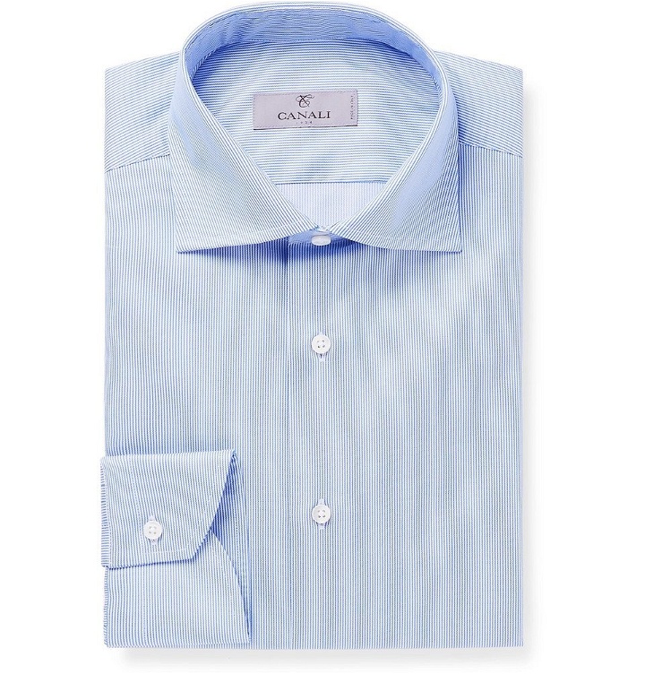 Photo: Canali - Blue Slim-Fit Cutaway-Collar Striped Cotton-Twill Shirt - Blue