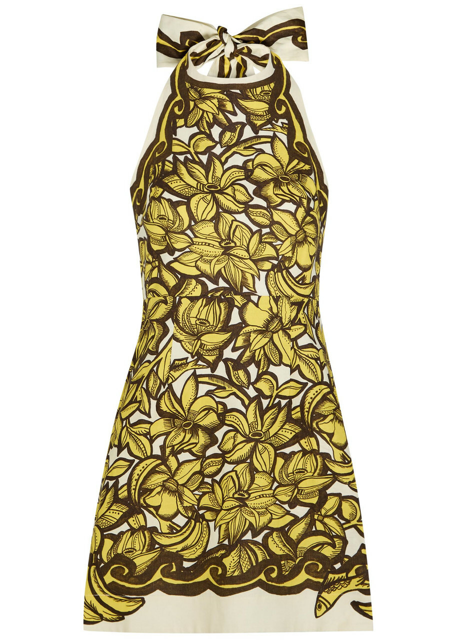 Alemais Mona Printed Halterneck Hemp Mini Dress Yellow