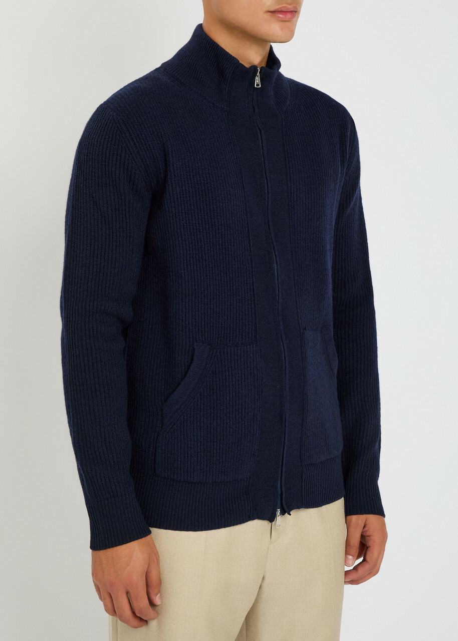 Aurélien Ribbed-knit Wool and Cashmere-blend Cardigan Navy