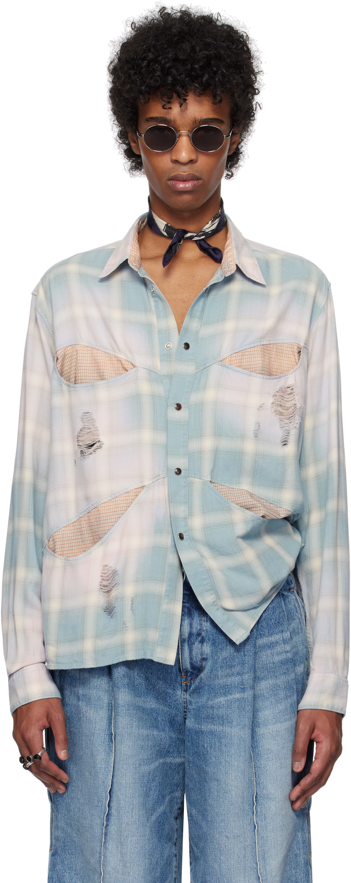 トップス Khoki Vintage effect shirt Khoki Blue Vintage-Effect Shirt KHOKI