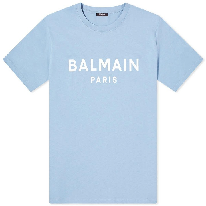 Photo: Balmain Men's Paris Logo T-Shirt in Pale Blue/White