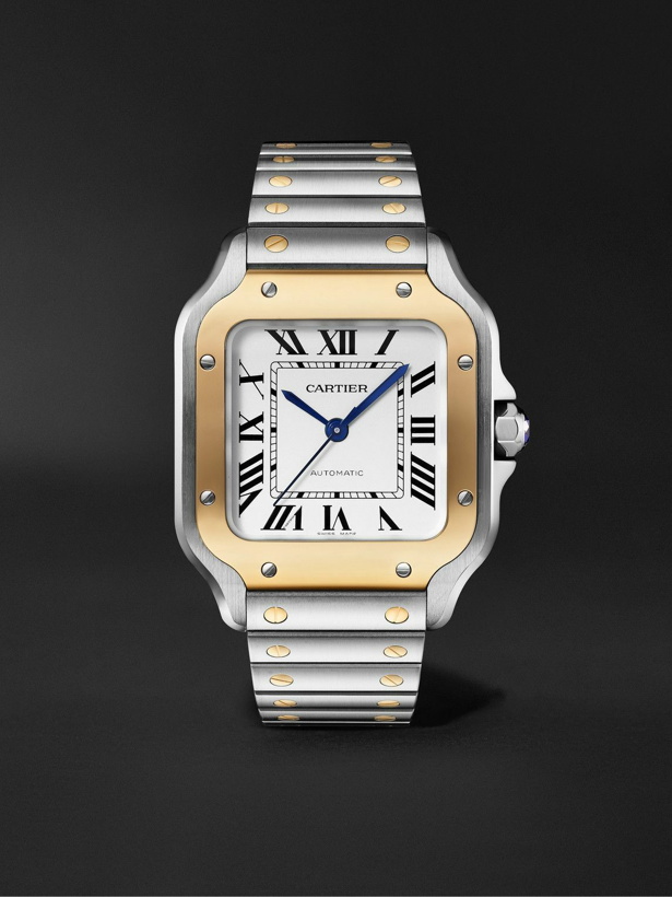 Photo: Cartier - Santos de Cartier Automatic 35.1mm Interchangeable 18-Karat Gold, Stainless Steel and Leather Watch, Ref. No. W2SA0016