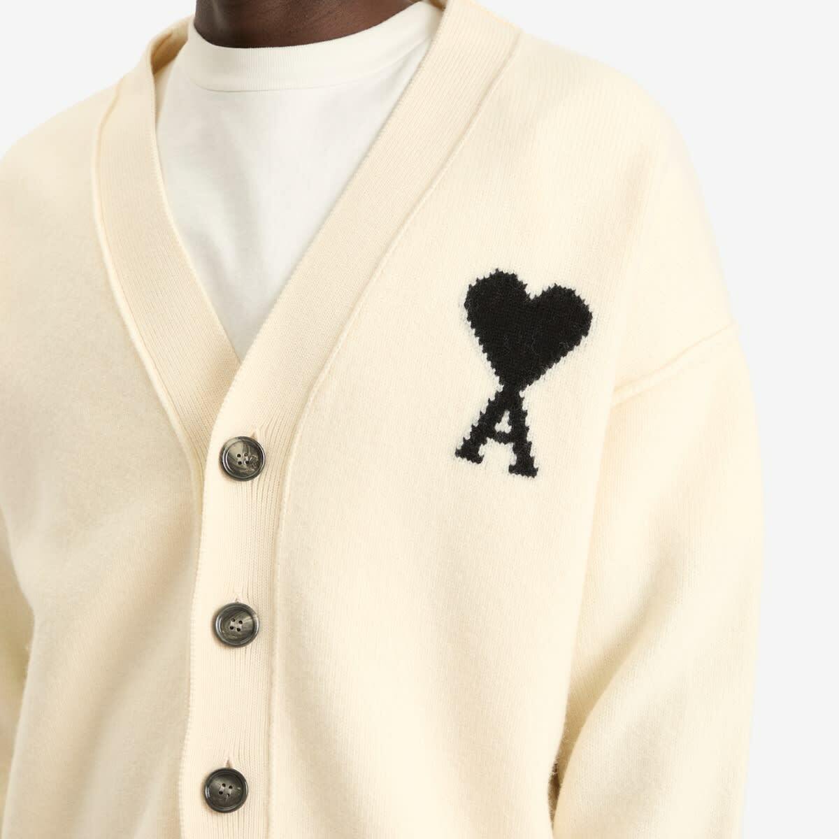 AMI Paris Men's Felted Merino Wool Knit ADC Cardigan in Ecru/Noir AMI