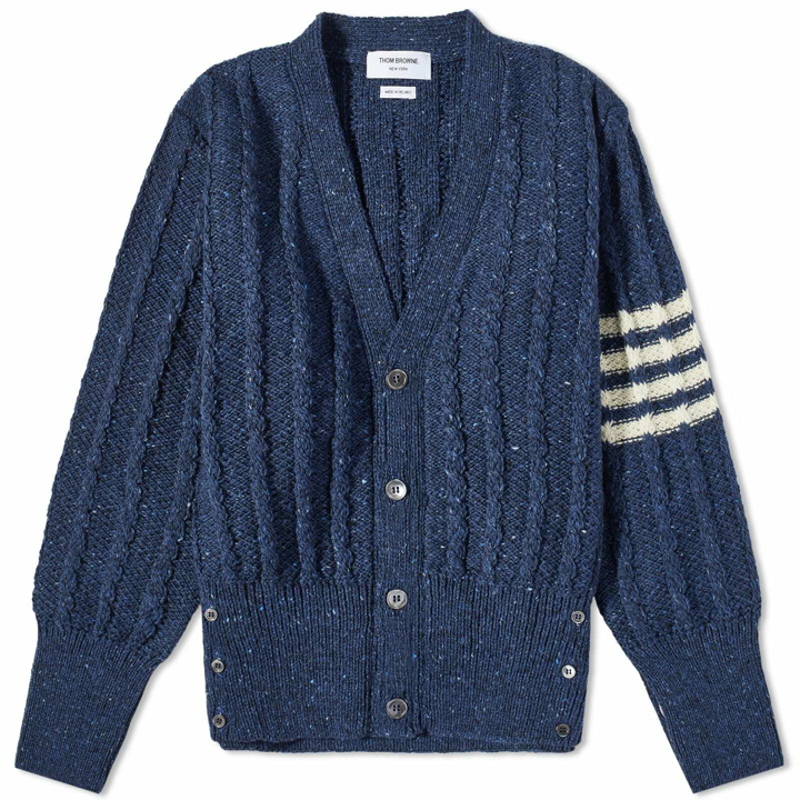 Photo: Thom Browne Men's 4 Bar Donegal Cable Knit Cardigan in Blue