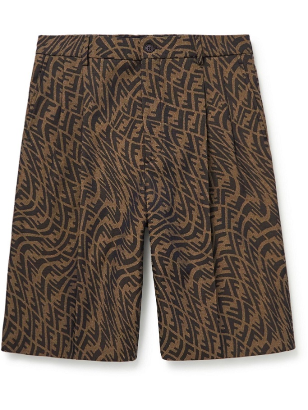Photo: FENDI - Pleated Logo-Jacquard Canvas Shorts - Brown